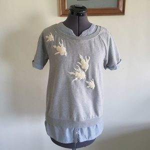 Anthropologie Floret Gray Top Embroidered XS